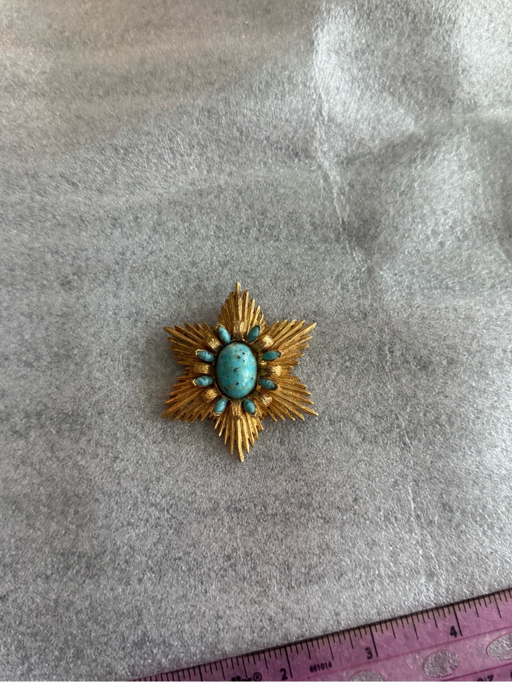 Vintage BENEDIKT Gold Starburst Brooch with Turquoise Stones